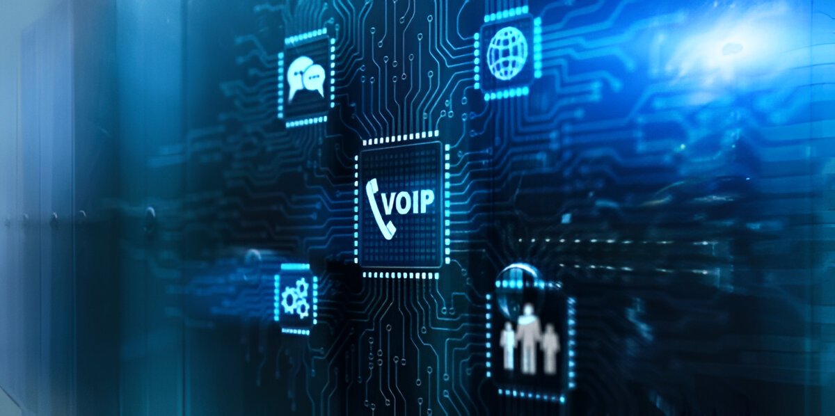 Digital illustration of VoIP technology with icons representing cloud communication, internet connectivity, team collaboration, and automation features on a futuristic circuit board background.